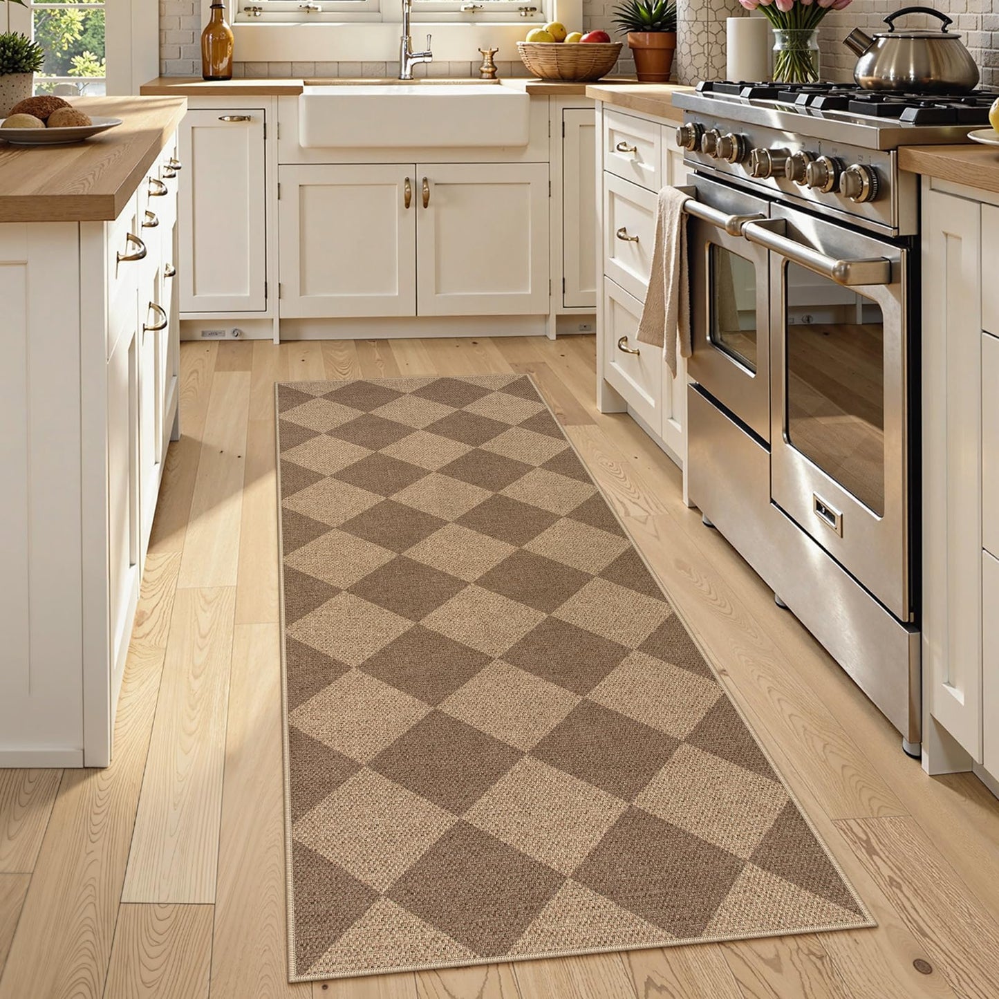 Lahome Colette Checkered Easy Jute Runner Rug, 2x6 Kitchen Mats for Floor Non Slip Washable Entryway Runner, Checkerboard Nature Indoor Outdoor Carpet for Hallway 6ft Entry