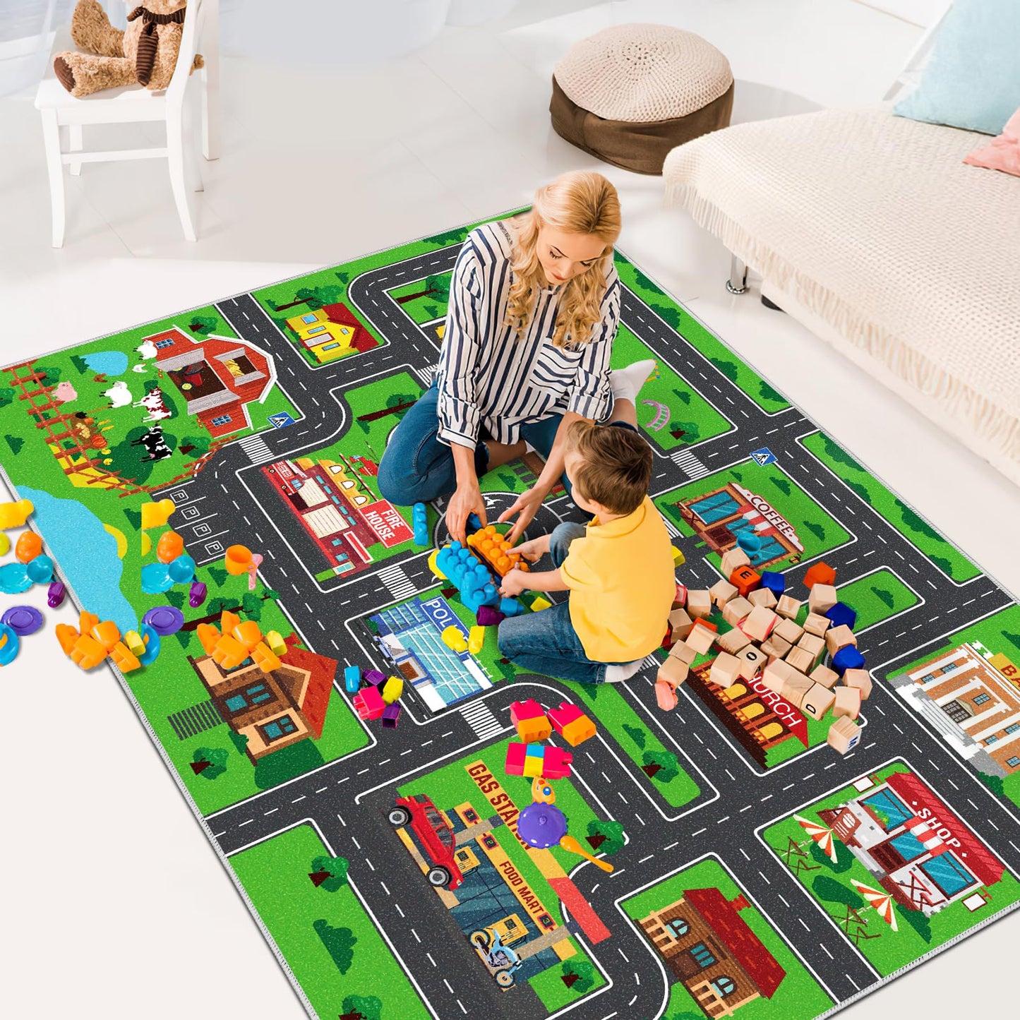 Kids Carpet Car Play Rug, City Life Traffic Road Kids Rug Playmat,Non Slip Children Educational Game Car Mat Area Rug for Playroom Boys Bedroom Classroom (59X39.4 INCH, Style 1)