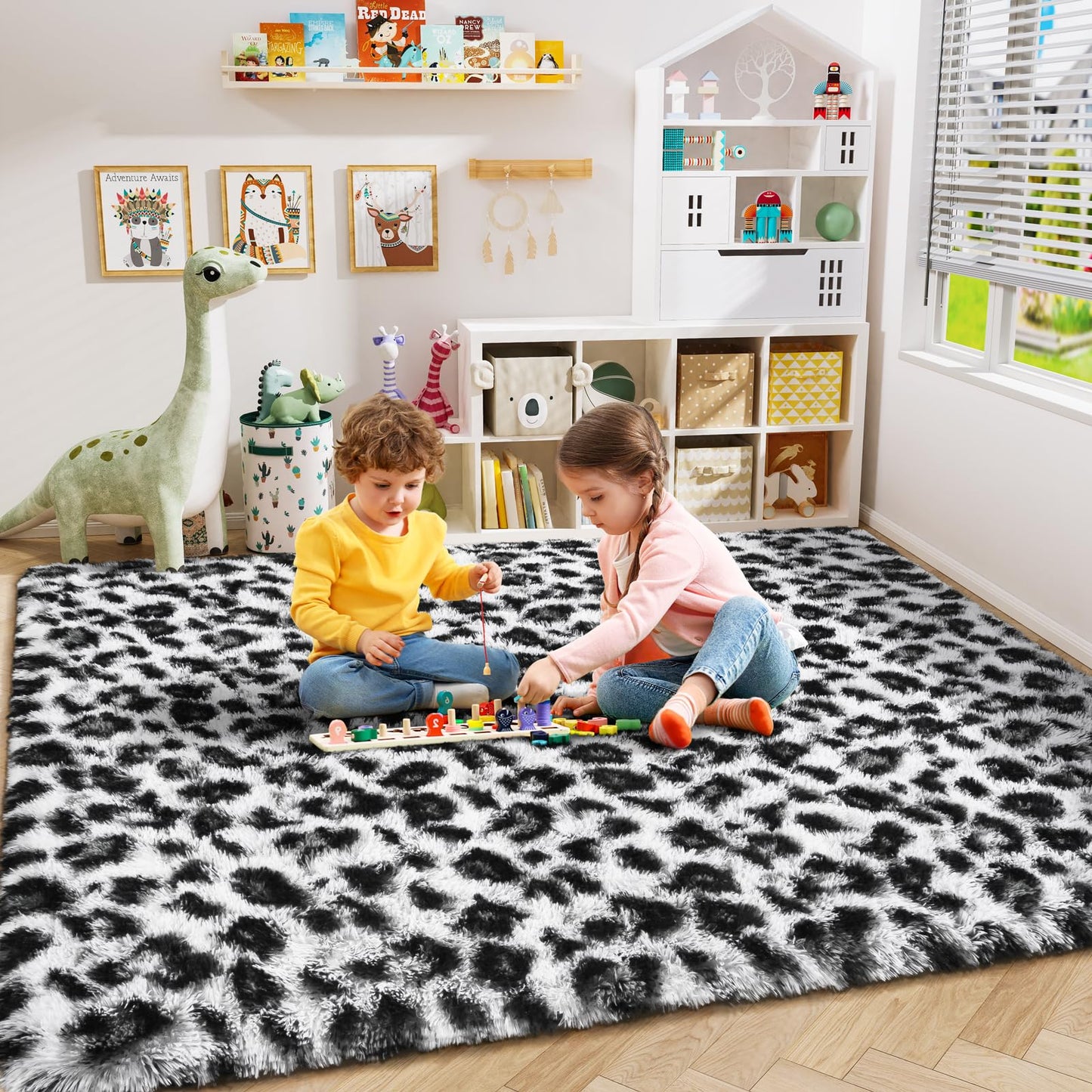Amearea Fluffy Leopard Print Rug, Modern Shag Cheetah Rugs Home Decor for Teen Girls, Soft Comfy Faux Fur Animal Rug for Bedroom, Living Room, Plush Cheetah Print 70s Decor, White and Black 3x5 Feet