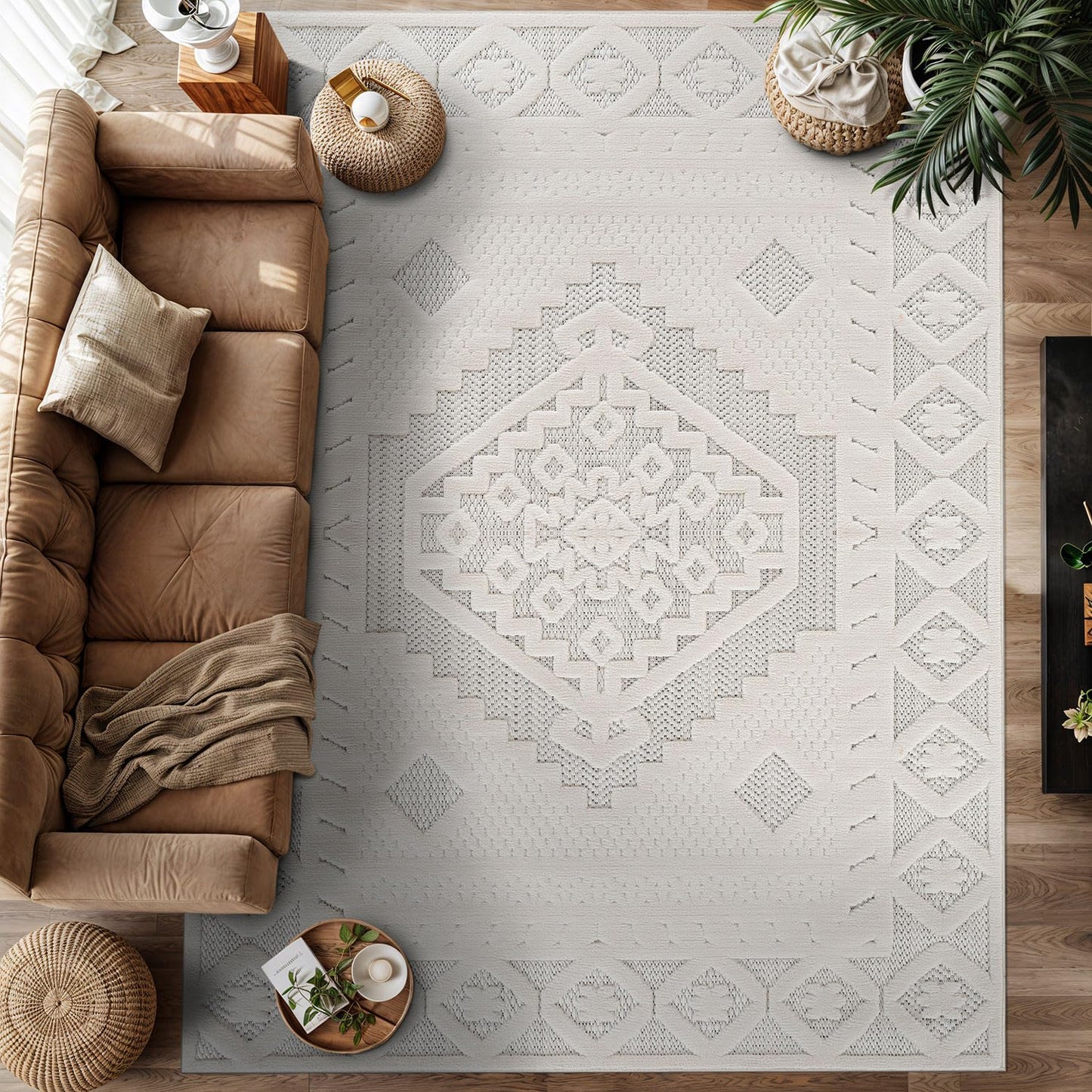 Luul Home Modern Micro Loop Indoor Area Rugs for Living Room Bedroom Kitchen Geometric Trellis White 6x9 Luxury Durable Low and High Pile Non-Shedding Stain Resistant Soft Area Carpet 6 x 9