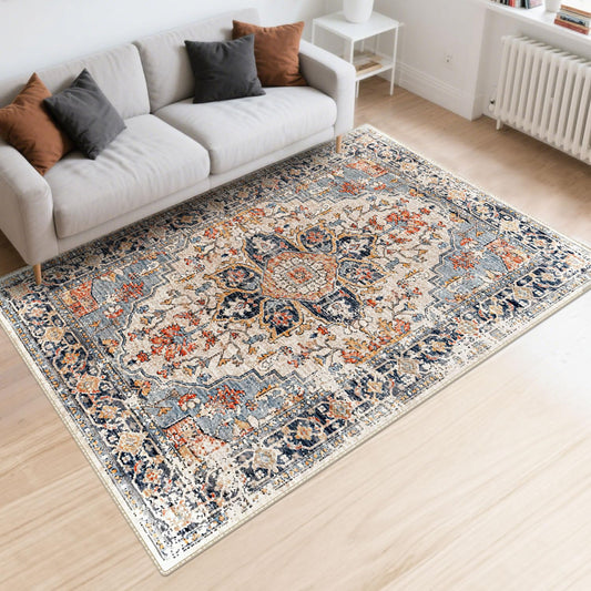 Area Rugs Washable Non-Slip, Floral Vintage Distress Print Pattern Medallion Carpet for Living Room Bedroom Dining Room, Beige Navy Blue Orange Colorful (Blue, 5' x 7')