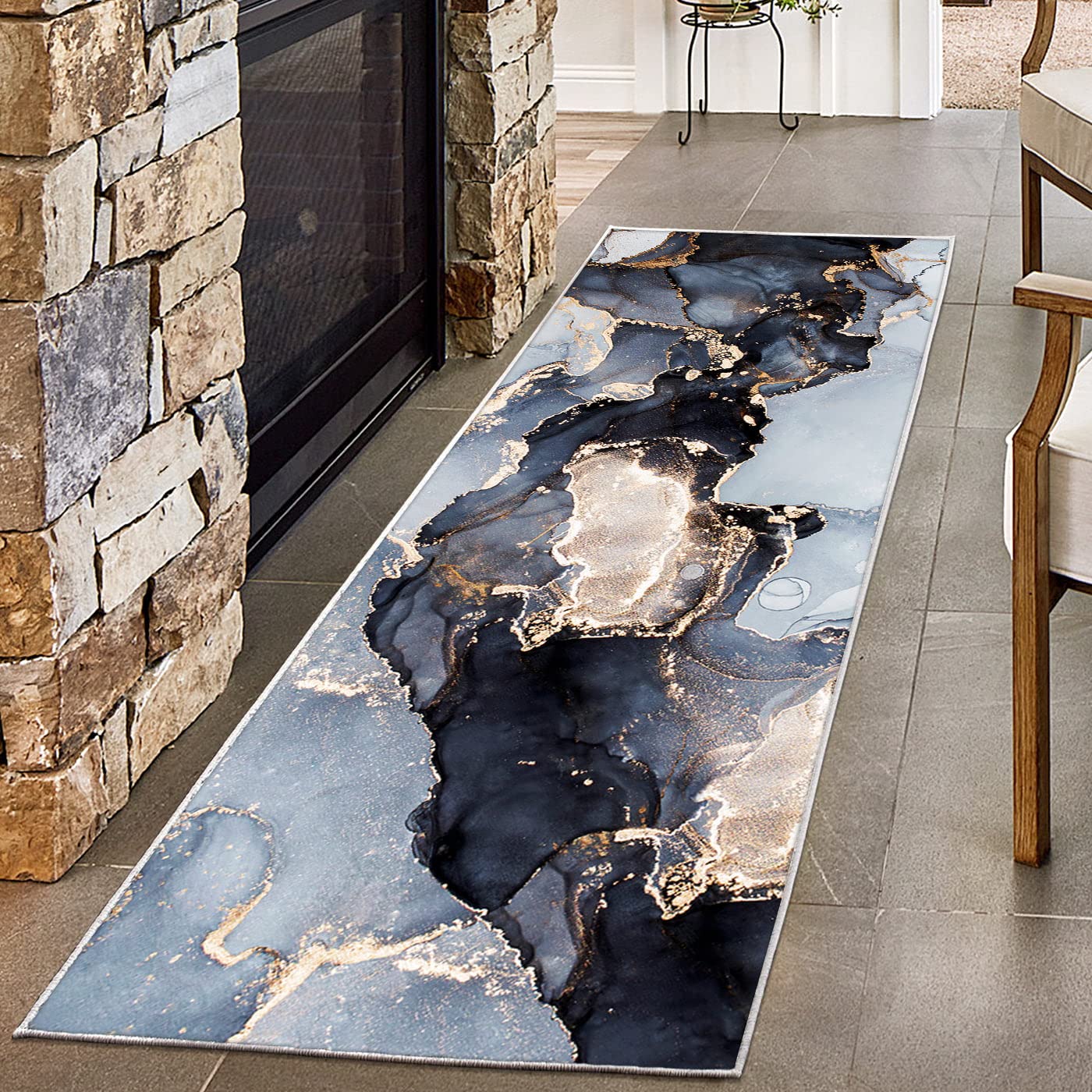 Hallway Runner Rug, Luxury Modern Abstract Marble Texture Carpet for Entryways Hallways Bedroom Laundry Room Kitchen Floor Runner (Blue, 2x6 Ft)