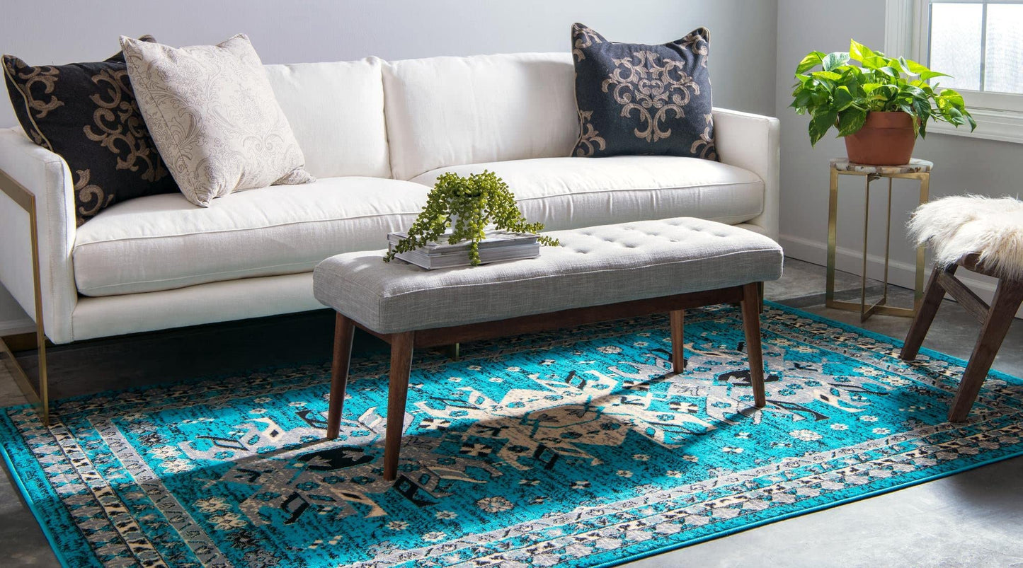 Unique Loom Taftan Collection Border Geometric Tribal Inspired Design Area Rug (5' 0 x 8' 0 Rectangular, Turquoise/ Gray)