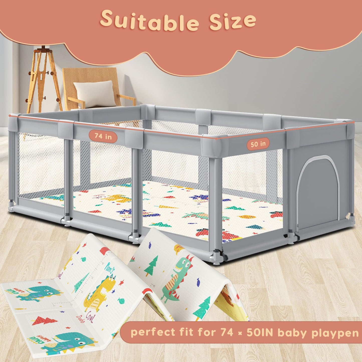 Fshibila 74" × 50“ Baby Play Mat for Floor, Baby Playmat for Playpen, Thick Ultra Soft Playpen Mat for Playing or Crawling, Provides Cushioning, Double-Sided Pattern (0.4" Thick)