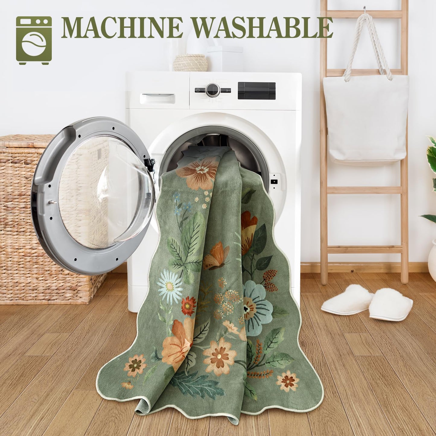 Lahome Floral Runners for Hallways, 2X6 Kitchen Runner Rug Ultra-Thin Soft, Non-Slip Hallway Rug Stain Resistant Boho Low-Pile Carpet for ‎Laundry Bathroom Bedroom Flore (2x6ft,Green)