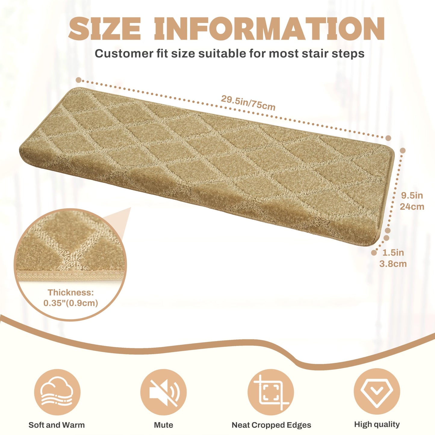 DEXDE Bullnose Stair Treads for Wooden Steps 14 Pcs, Non-Slip Peel and Stick Carpet Stair Runners, Washable Indoor Rugs with Edge Protection, 30"x9.5"x1.5", Khaki