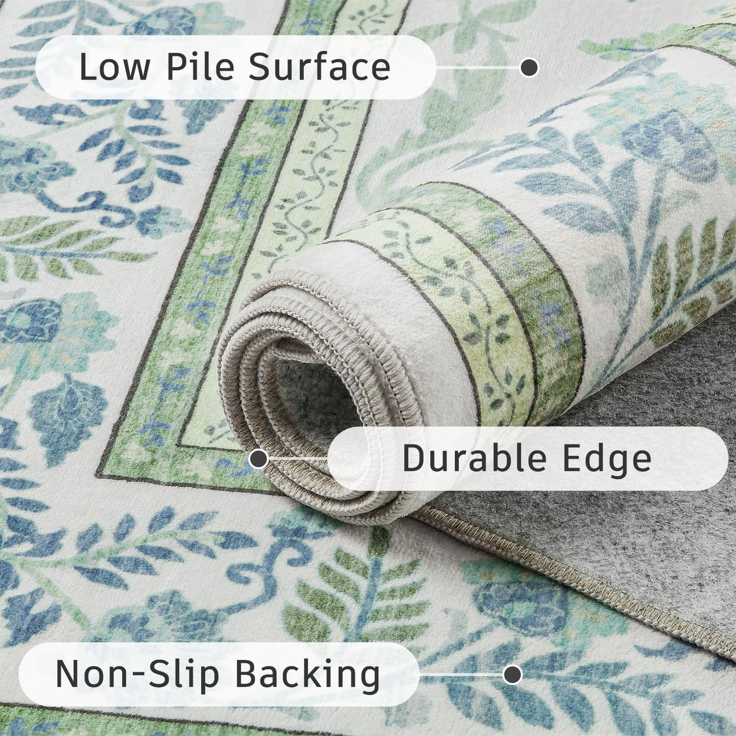 DCX Green 9x12 Rug, Kid & Pet Friendly with Rubber Back Non Slip, Machine Washable Stain Resistant Botanical Floral Rug for Living Room, Bedroom, Soft Low Pile Large Nursery Carpet