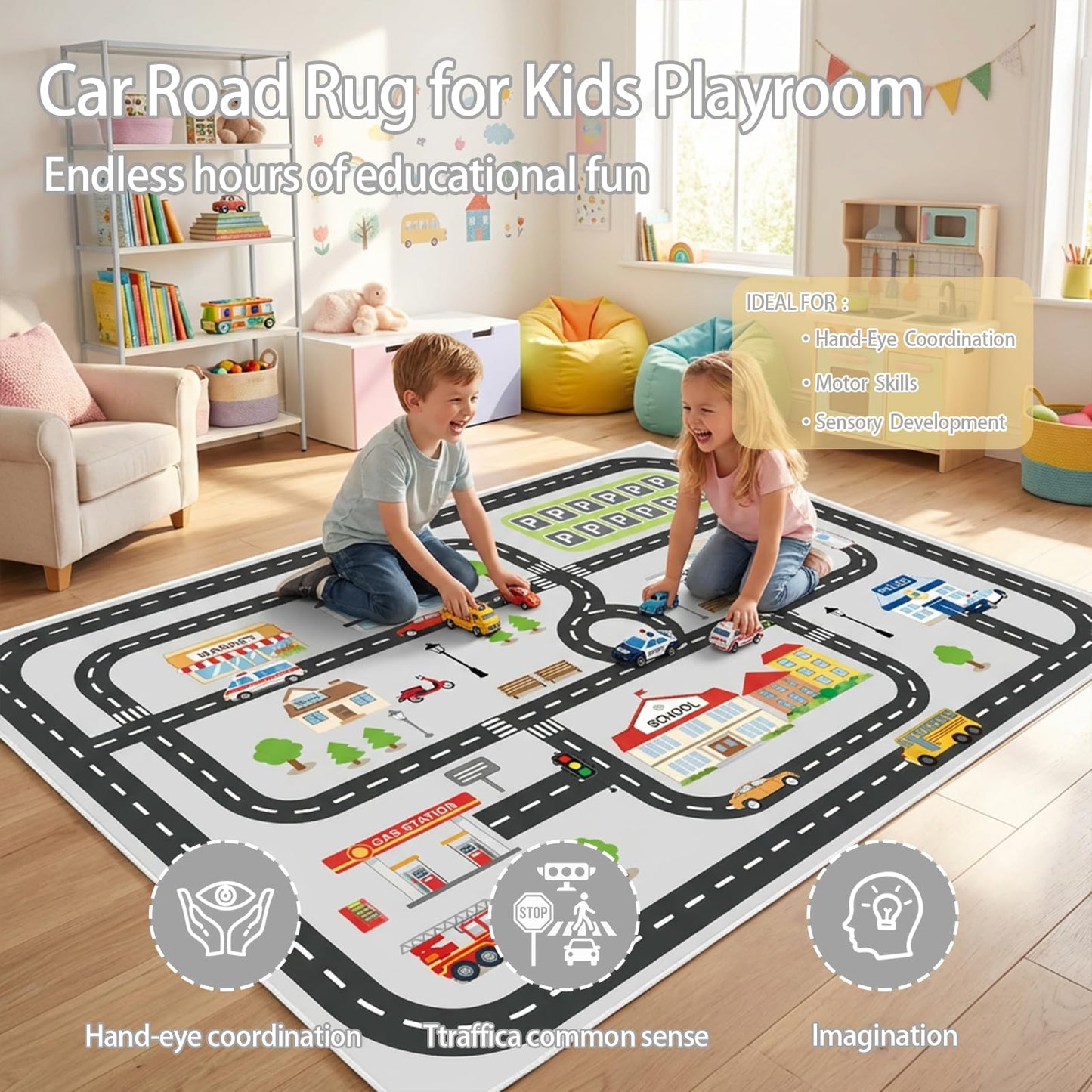 5'x7' Car Rug Play Mat for Kids Toy Cars, Faux Wool Road Rug Car Track Playmat Educational City Map Washable Carpet for Boy Playroom Bedroom Nursery, Non Slip Kids Area Rug for Children Toddler