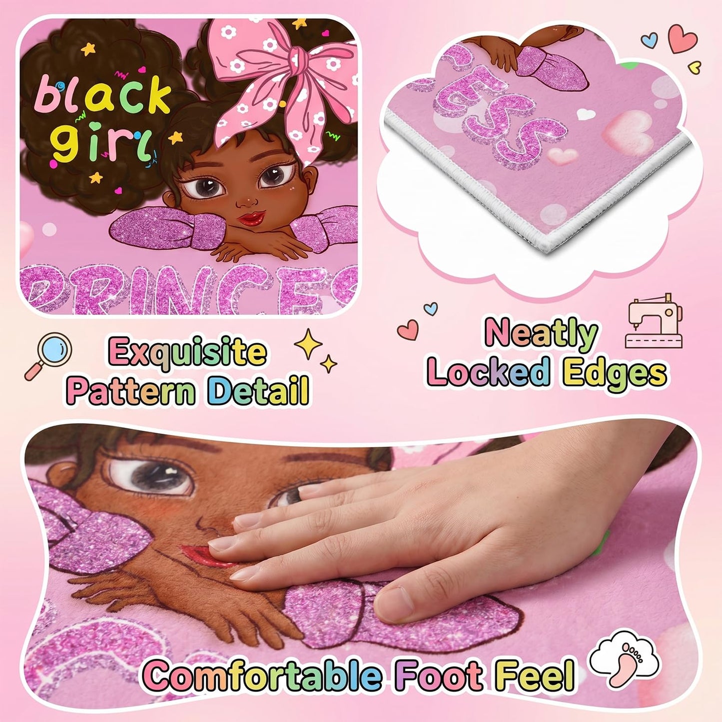 African American Rugs for Girls Black Girls Room Decor Rugs Princess Room DecorCarpet for Kids Bedroom Kids Carpet for Bedroom Teen Living Room Soft Floor Mats, Pink, 2'6''×4'