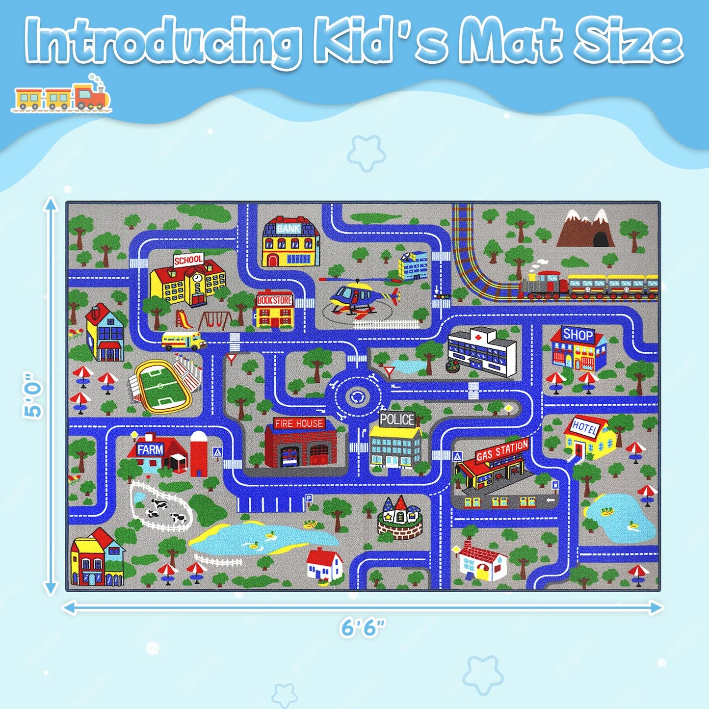 Ythropon Kids Rug Car Play Mat 6.6'x5.0',Blue Kids Rug for Toy Cars,Non-Slip Town City Map Carpet Play Mat,Traffic Road Kid Educational Learning Car Rugs for Children Room Playroom Nursery