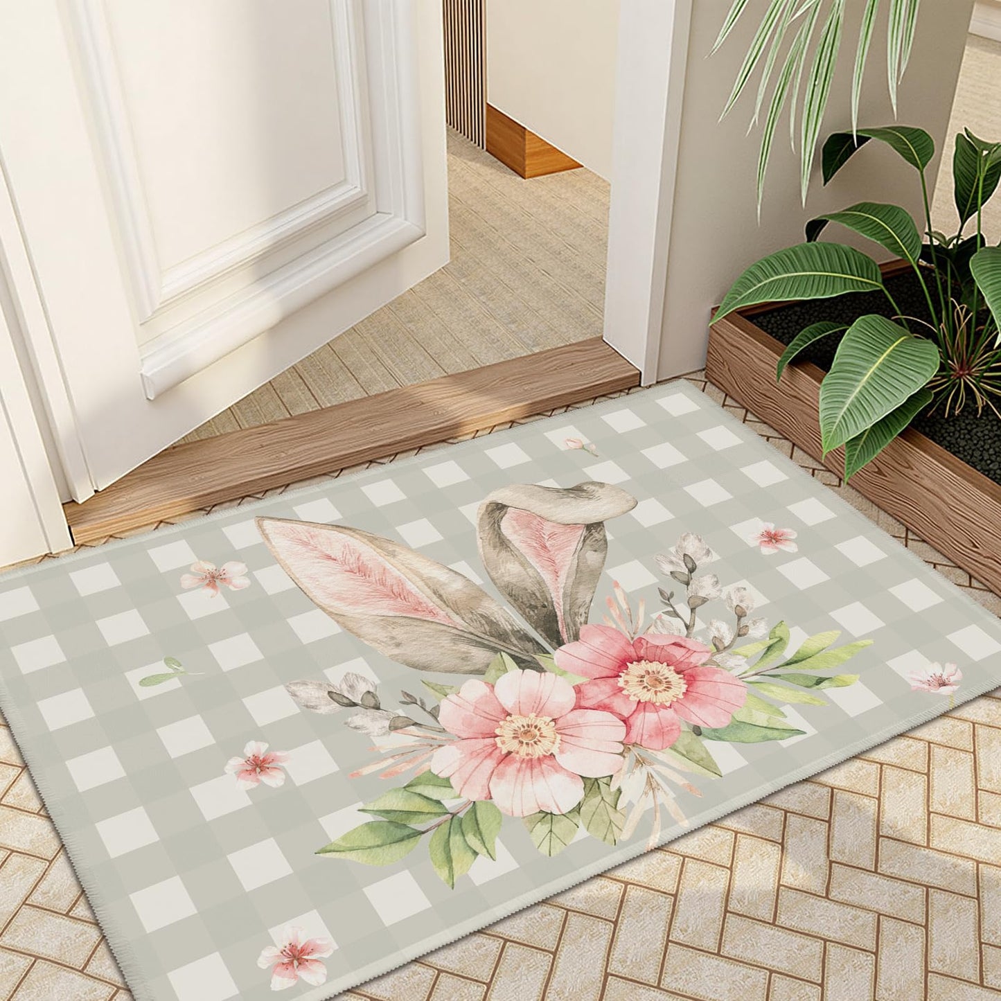 Cryomitron Easter 2x3 Rugs for Entryway Easter Bunny Ear Buffalo Plaids Front Door Mat Indoor Non Slip Low Pile Area Small Rugs Spring Rabbit Floral Throw Rugs for Kitchen Bathroom Bedroom Living Room