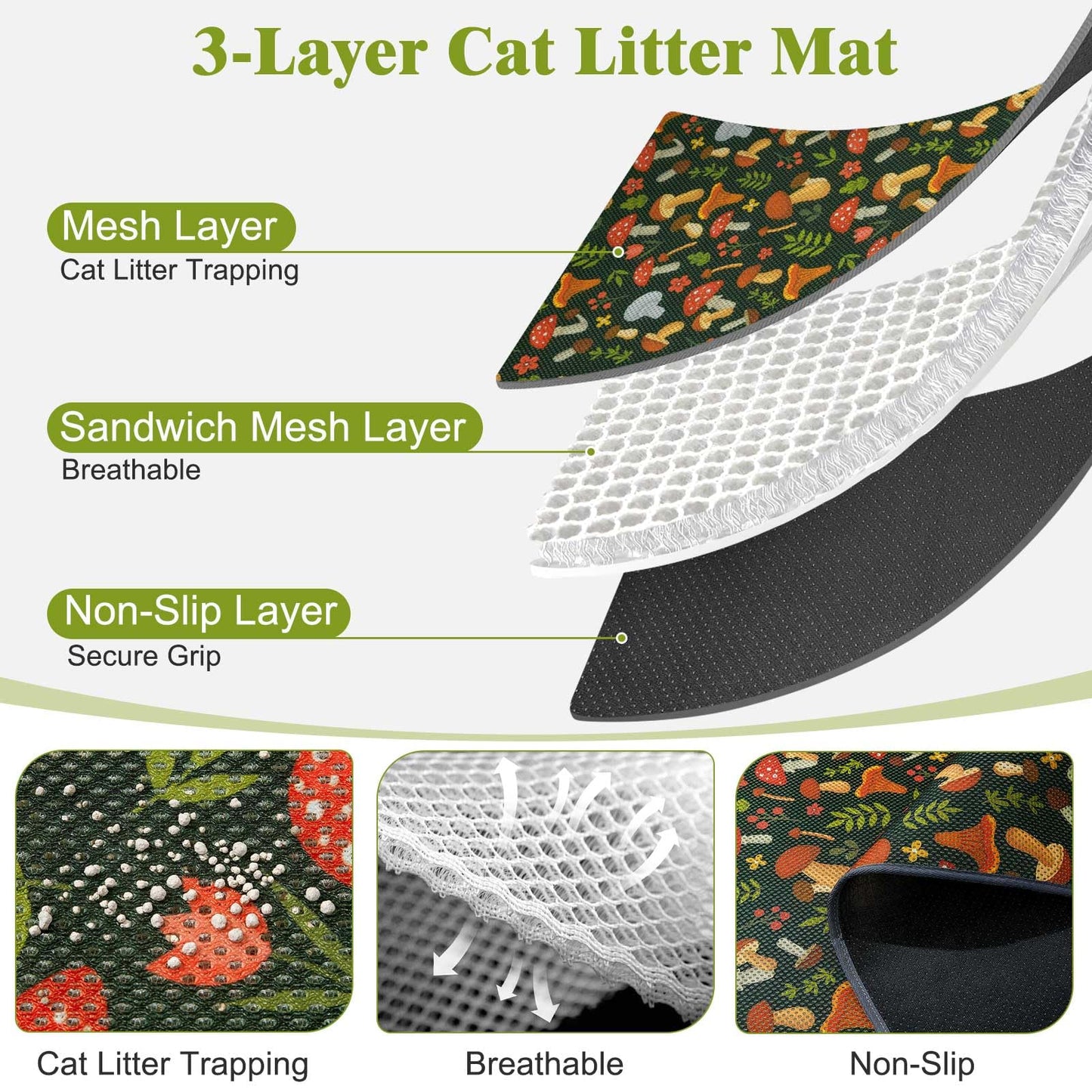 Unicorn Catcher 40X30in Cat Litter Mat Machine Washable Soft 3D Air Mesh Litter Box Rug Non-Slip Backing Quick Dry Scatter Control for Paws,Green Mushrooms