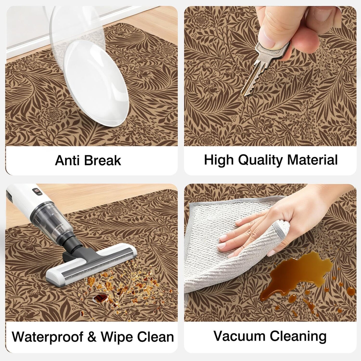 Tropical Palm Leaf Anti Fatigue kitchen Rug and Mat Non Slip Comfort Washable Waterproof Brown botanical Kitchen decor Mat, Ergonomic standing Rug Set of 2 for Home, Sink, Laundry, 17.3"x47"+17.3"x30"