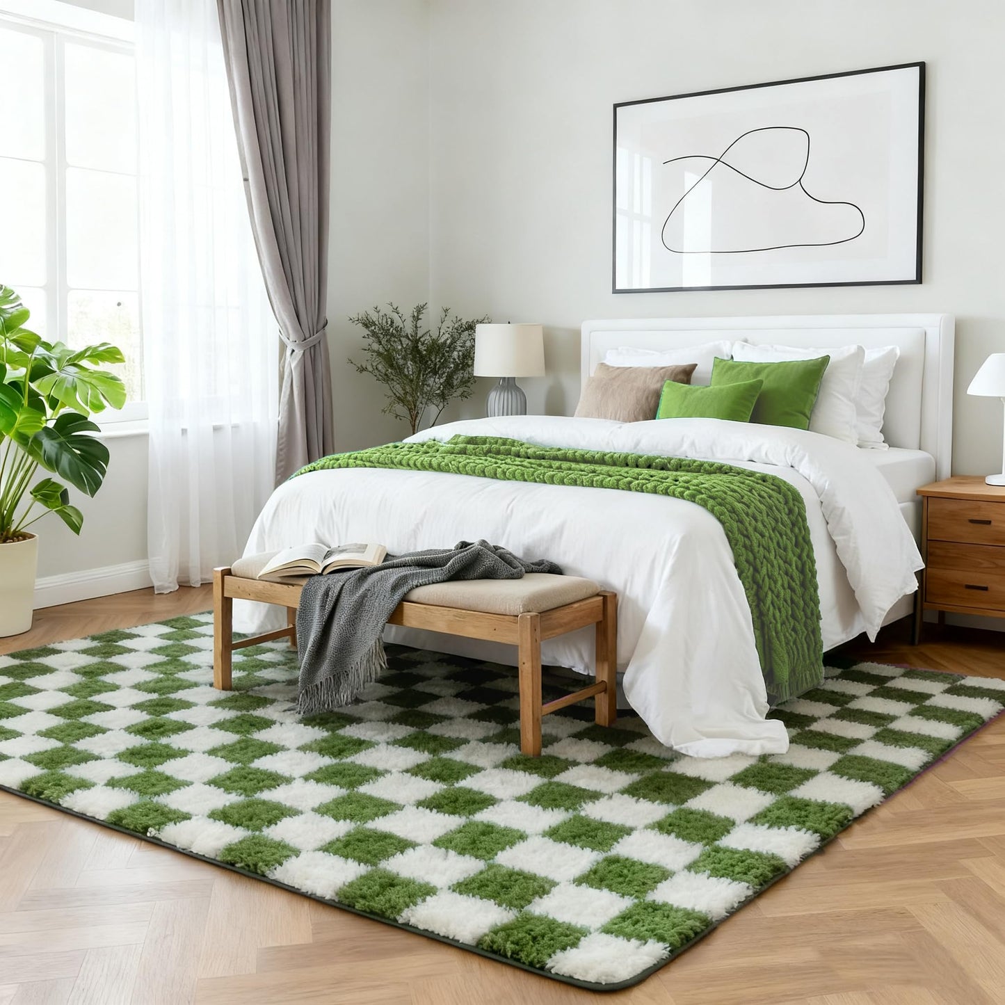 Andency 5x7 Ft Green and White Area Rug for Living Room Classic Checkered Shaggy Rug Non-Slip High Pile Soft Fluffy Rug Fuzzy Carpet Bedroom Kids Toddler Room Nursery Playroom, Cute Dorm Home Decor