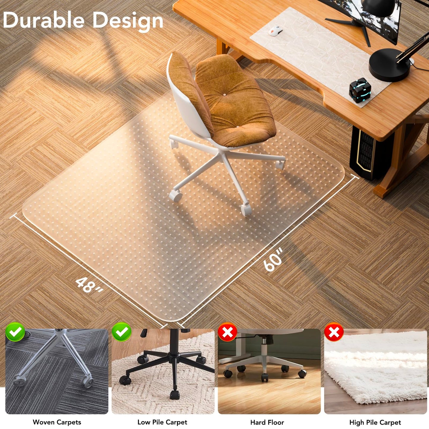 Office Chair Mat for Low Pile Carpet with Lip, 48" x 60" Clear Plastic Floor Protector, Heavy Duty Desk Chair Mat for Rolling Chairs, Smooth Glide Computer Mat for Home Office