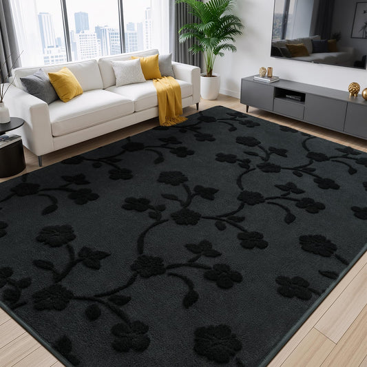 Maxsoft 5x7 Area Rugs for Living Room, Modern Washable Memory Foam Rug for Bedroom, Dark Grey Floral Thickened Minimalist Rugs Non Slip Indoor Carpet for Boys Girls Adults Dorm Nursery Home Decor