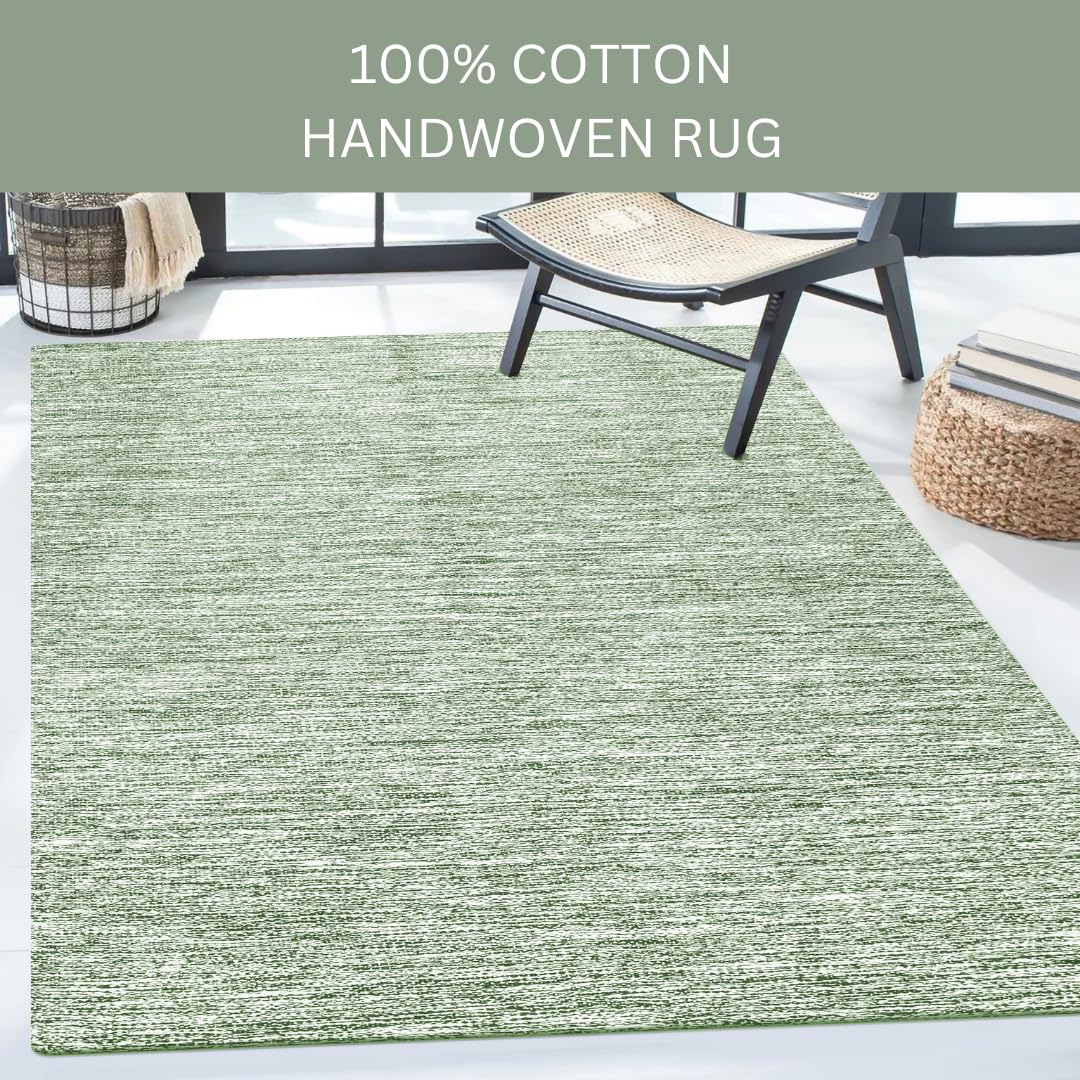 CottonCove Hand Woven Area Rug 4x6 Feet - Rustic Farmhouse Bohemian Accent Rug for Living Room Bedroom Kitchen Entryway Floor Mats - Ideal for High Traffic Areas 100% Cotton Rag Rug Green