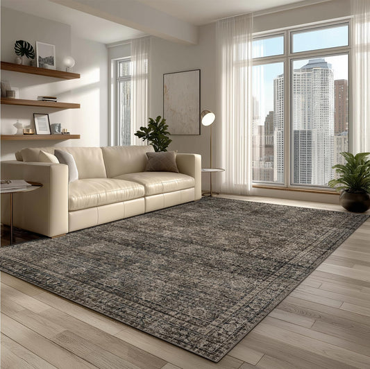 4x6 Washable Area Rug for Living Room, Carpet for Bedroom, Soft Faux Wool Retro Dining Room Rug, Non Slip&Non-Shedding Resistant Low Pile Vintage Print Rug for Home Office(Brown)