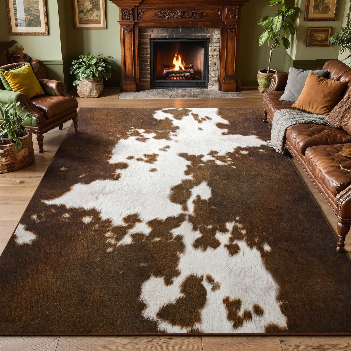 DweIke Cow Print Rugs for Living Room, 4x6 Soft Faux Animal Cowhide Area Rug, Washable Non-Slip Stain Resistant Throw Carpet for Dining Room Office Western Home Decor, Light Brown