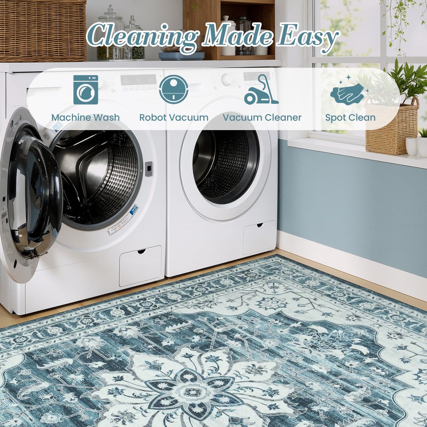Vibrug 5x7 Coastal Blue White Area Rugs for Living Room - Vintage Boho Medallion Aesthetic Distressed Washable Rug, Soft Non-Slip Backing Low Pile Carpet for Office, Lounge, Bedroom Foot of Bed