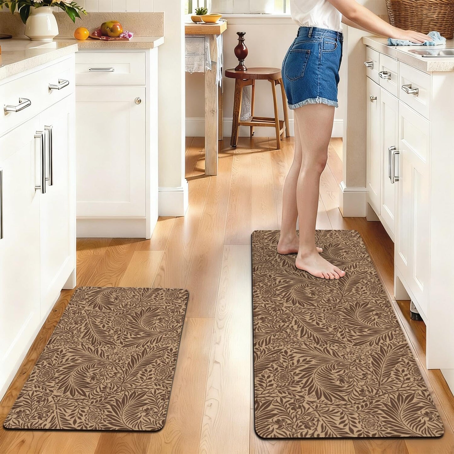 Tropical Palm Leaf Anti Fatigue kitchen Rug and Mat Non Slip Comfort Washable Waterproof Brown botanical Kitchen decor Mat, Ergonomic standing Rug Set of 2 for Home, Sink, Laundry, 17.3"x47"+17.3"x30"