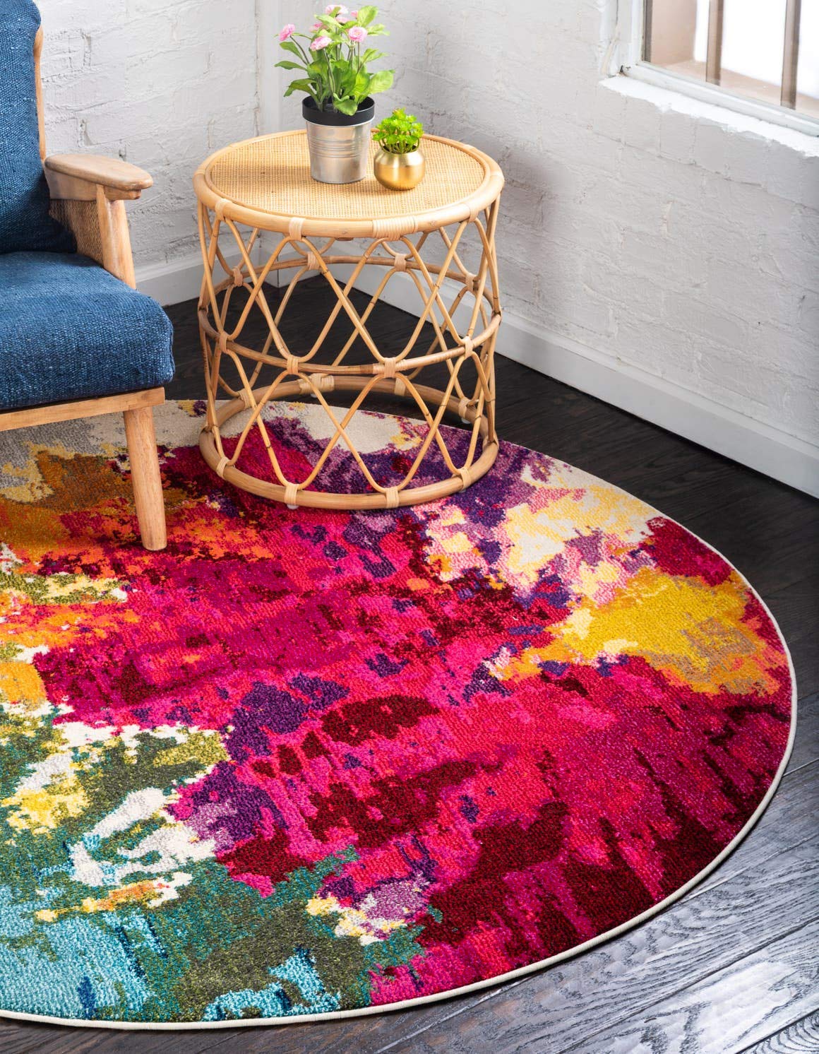 Unique Loom Estrella Collection Colorful, Abstract, Floral, Watercolors, Modern, Distressed Area Rug (6' 0 x 6' 0 Round, Multi/Pink)