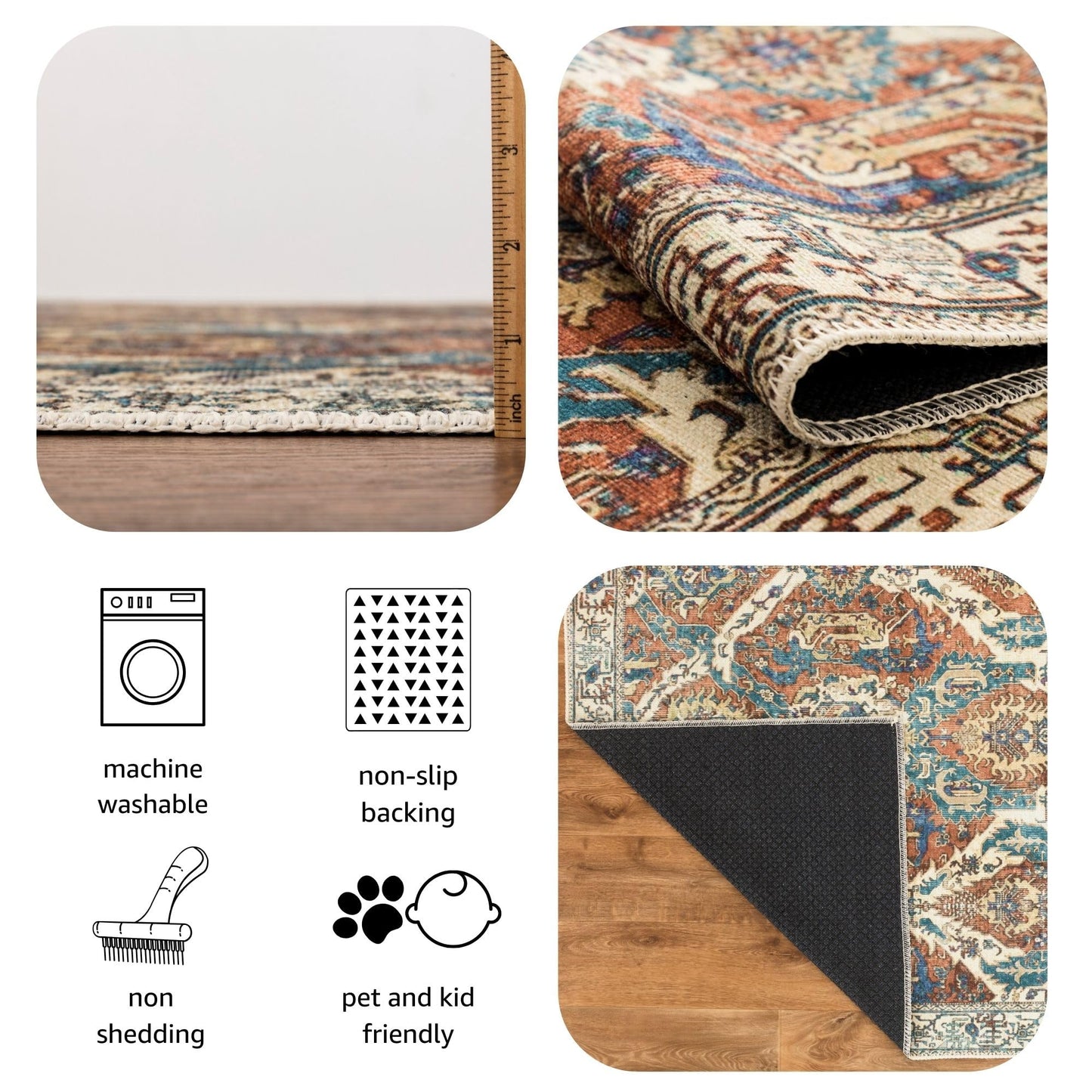 Keen Home Design 5x7 Rug - Machine Washable Area Rug with Non-Slip Backing, Ideal for Living Room, Dining Room, Bedroom - Vintage, Easy Clean, Durable, Low Pile Rug - (5' x 7')