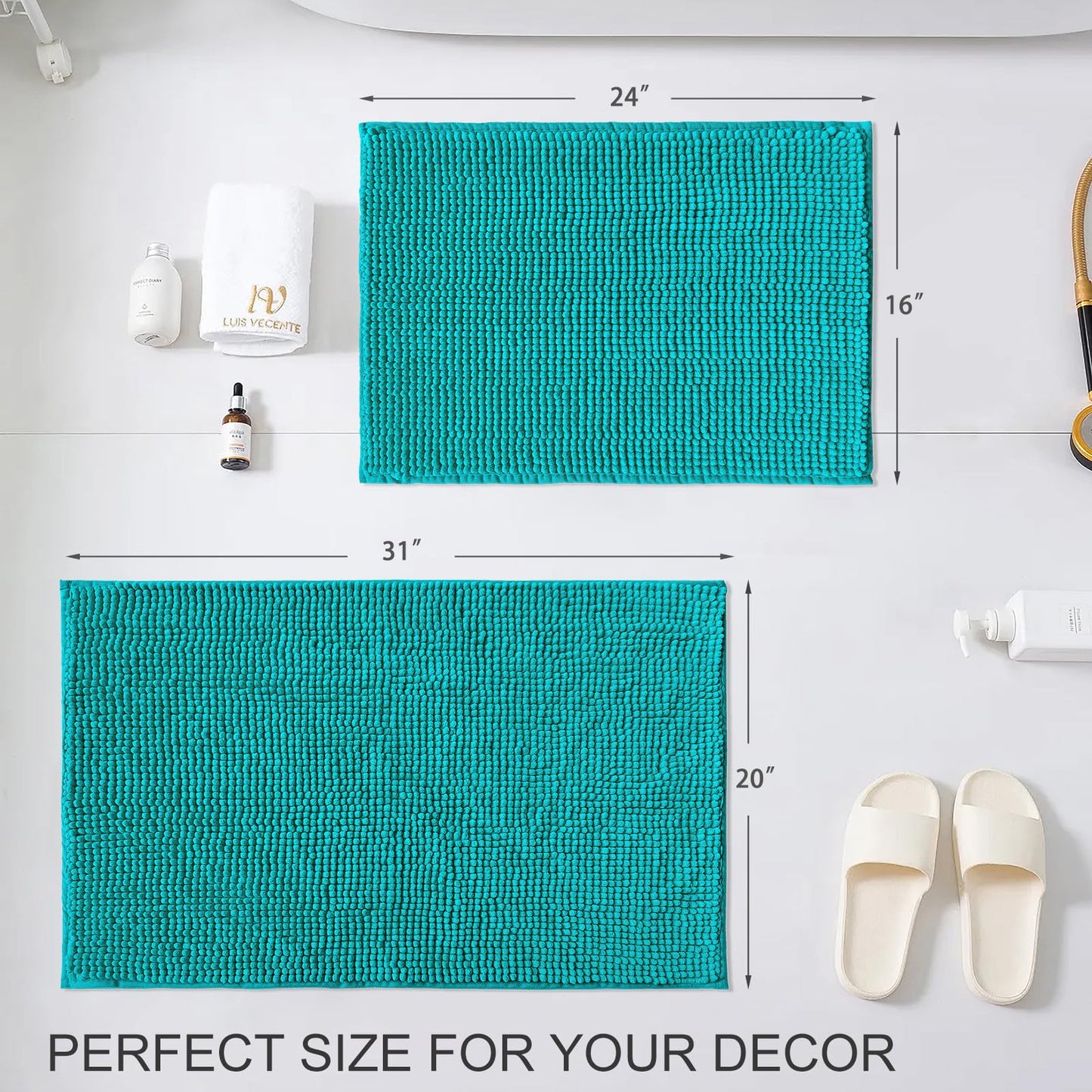 Civkor Teal Bathroom Rugs, Chenille Bathroom Rugs Sets 2 Piece with Non Slip Backing, Bath Mats 31x20+24x16 Inch High Absorb Water Turquoise Bath Rugs, Quick Dry and Easy Clean