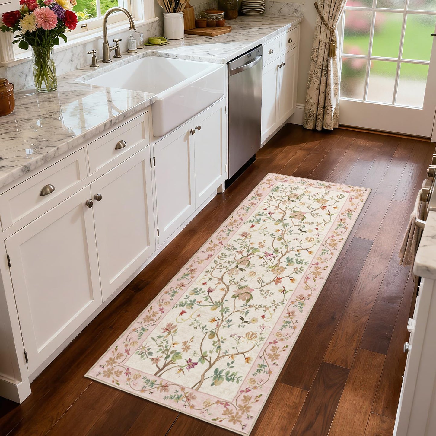jinchan Floraison Floral Runner Rug 2x5 Machine Washable Kitchen Runner Non Slip Soft Low Pile Hallway Rug Boho Stain Resistant Carpet for Laundry Living Room Bedroom Pink