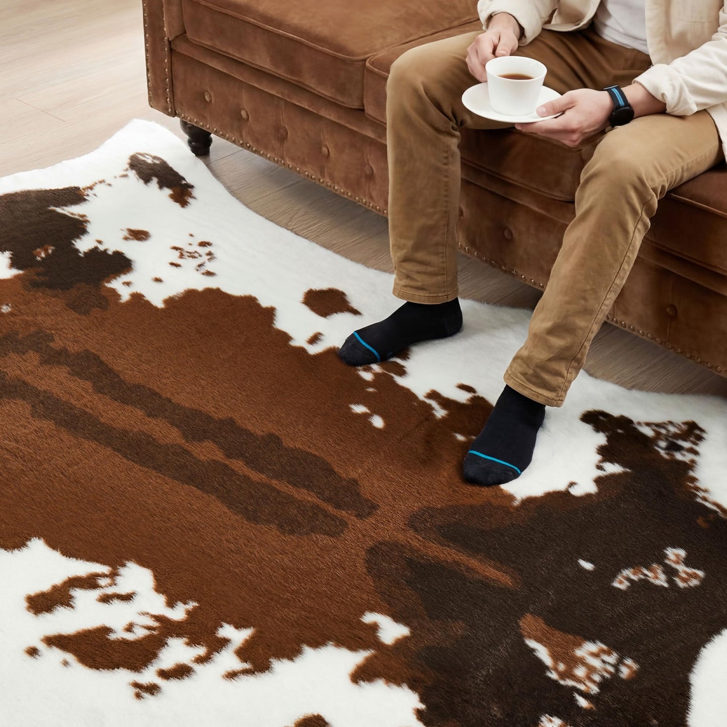 JONIYEAR Large Durable Faux Cowhide Area Rug 4.9 x 6.56 Feet, Premium Cow Print Rug for Living Room Bedroom, Durable Faux Fur Animal Cow Hide Carpet for Western Farmhouse Decor,Washable, Brown Cowhide