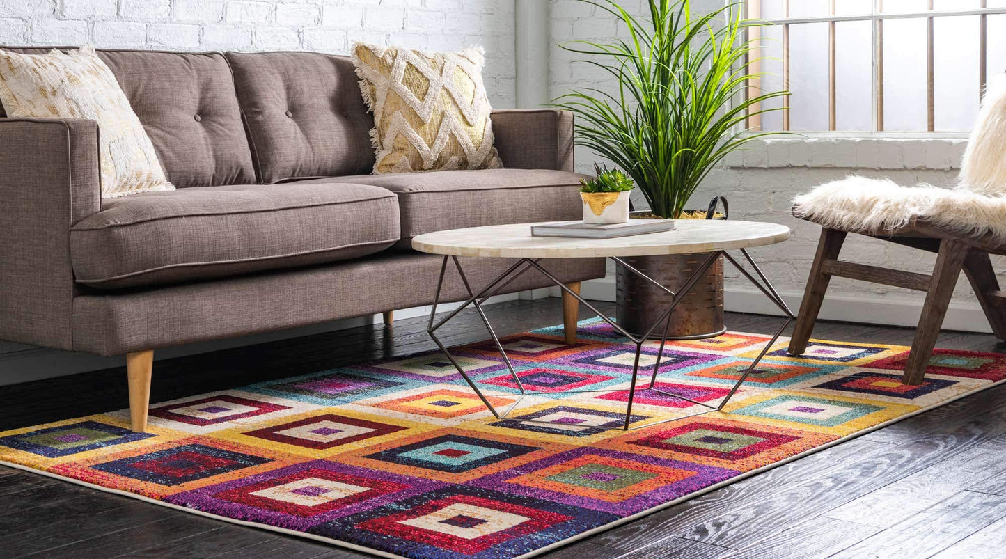 Unique Loom Estrella Collection Colorful, Geometric, Squares Modern, Abstract Area Rug (7' 0 x 10' 0 Rectangular, Multi/Beige)
