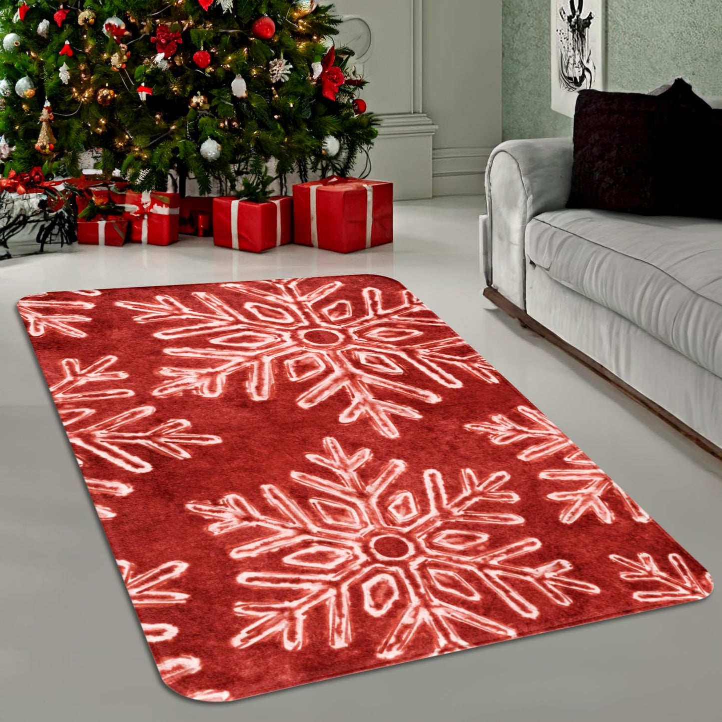 Christmas Area Rug Snowflake Winter Area Rugs Christmas Decorative Rug Xmas Throw Carpet Washable Non Slip Holiday Rug for Entryway Bedroom Living Room Laundry Room Indoor Red 3 x 5 FT