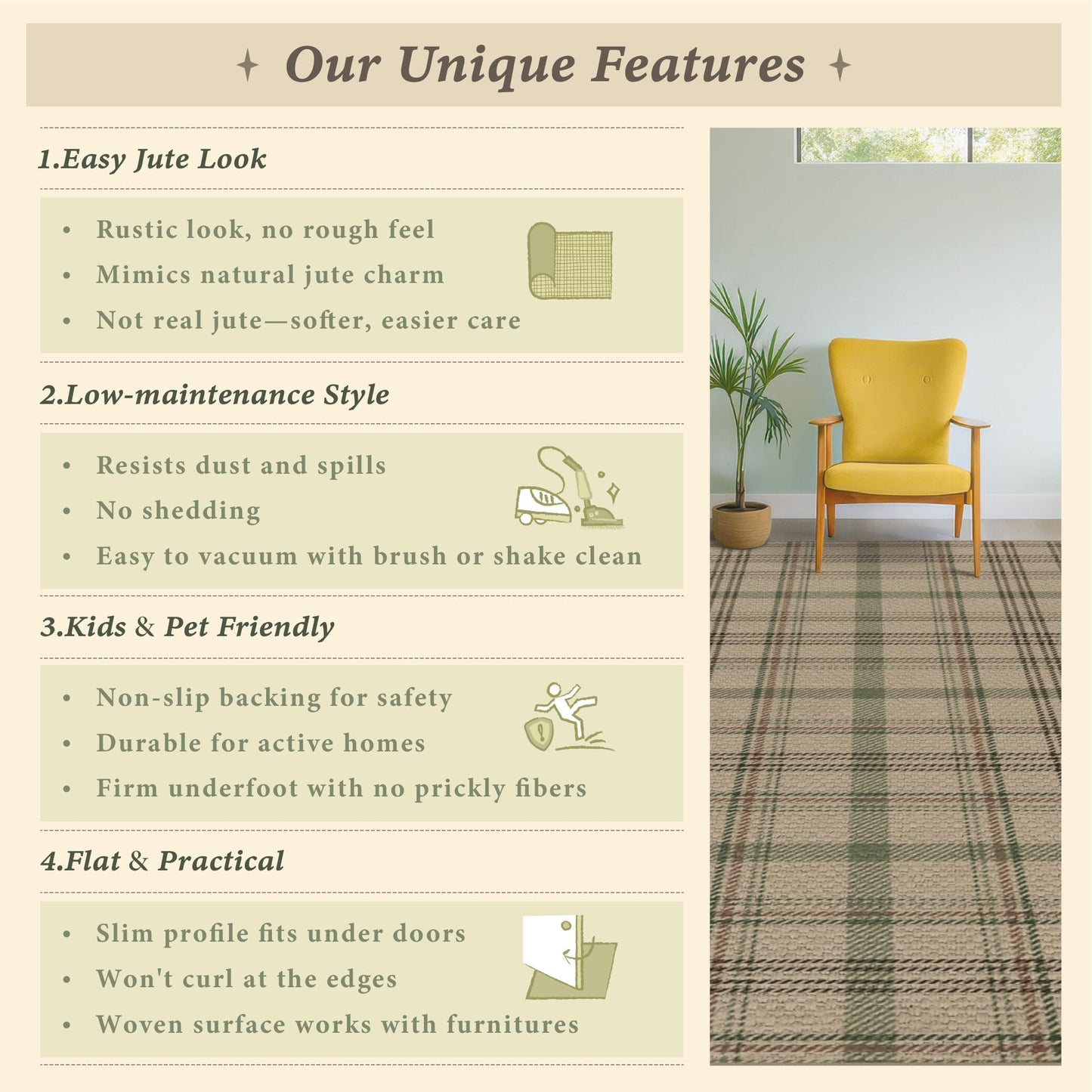 JTJ 5x7 Plaid Area Rug for Living Room - Large Indoor Outdoor Rug for Porch, Bedroom Under Bed, Non Slip Modern Farmhouse, Easy Jute Washable Beige and Sage Green Striped Aesthetic Room Decor