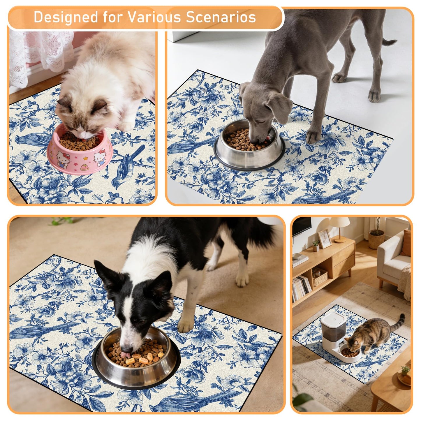 Hamdwerk Dog Cat Food Mat - Absorbent Quick Dry Dog Bowl Mats for Food and Water, Anti Slip Cat Feeding Placemat for Floors, Diatomite Pet Dish Matts Accessories Supplies, Floral Bird Style, 12*20in