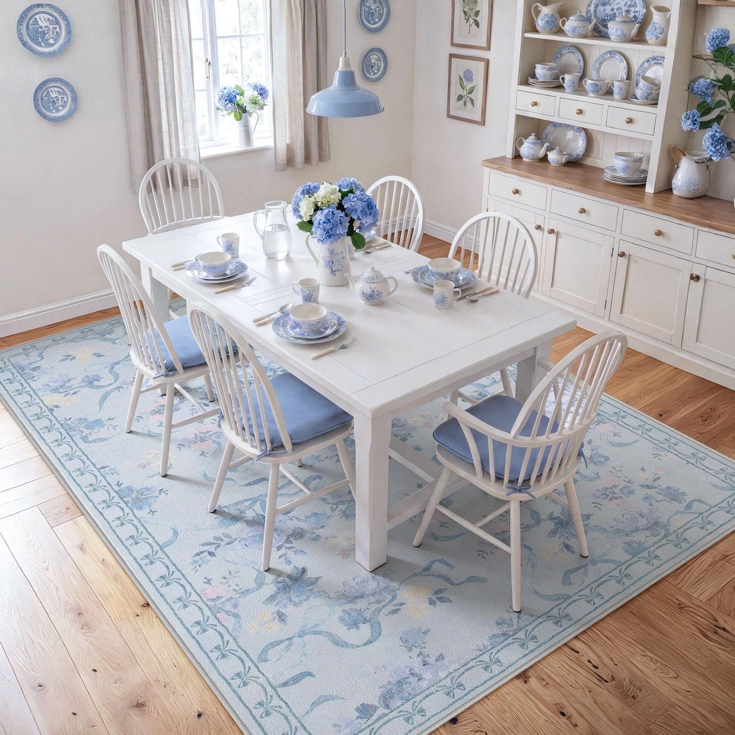 Tribesigns Bow Floral Blue 5x7 Area Rugs for Living Room, Washable Soft Cute Rug for Bedroom Nursery, Border Non Slip Low Pile Coquette Printed Indoor Dining Room Carpet for Kids Playroom, Blue/5x7