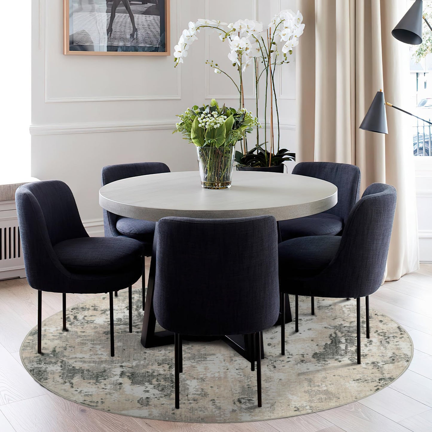 ROYHOME Modern Abstract 8x8 Round Area Rug Non Slip Non Shedding Rug Low Pile Stain Resistant for Bedroom Living Room Office Dining Room,Grey Yellow