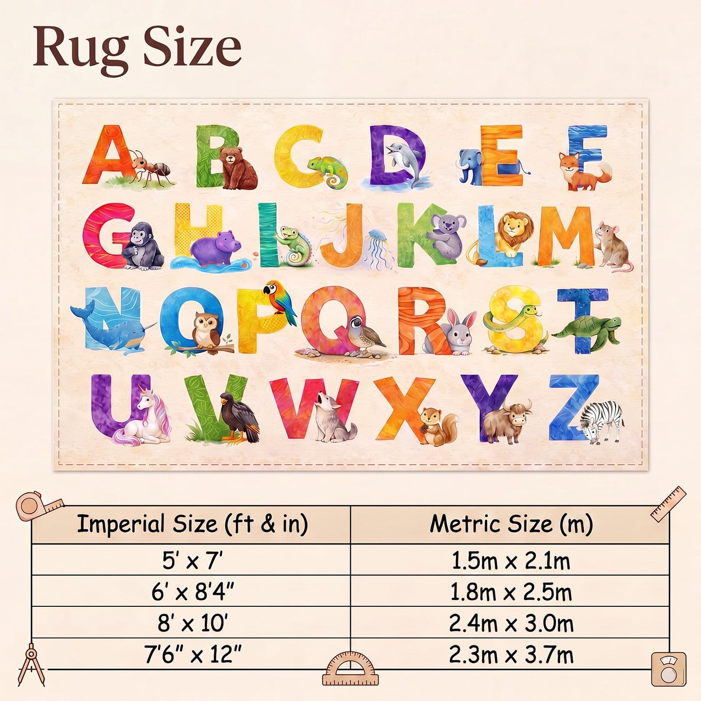 Amylove 5 x 7 ft Large Alphabet Animals Classroom Rug, ABC Learning Rugs with A–z Animal Chart, Educational Alphabet Carpet for Preschool Kindergarten, Rainbow Early Literacy Teaching Play Rug