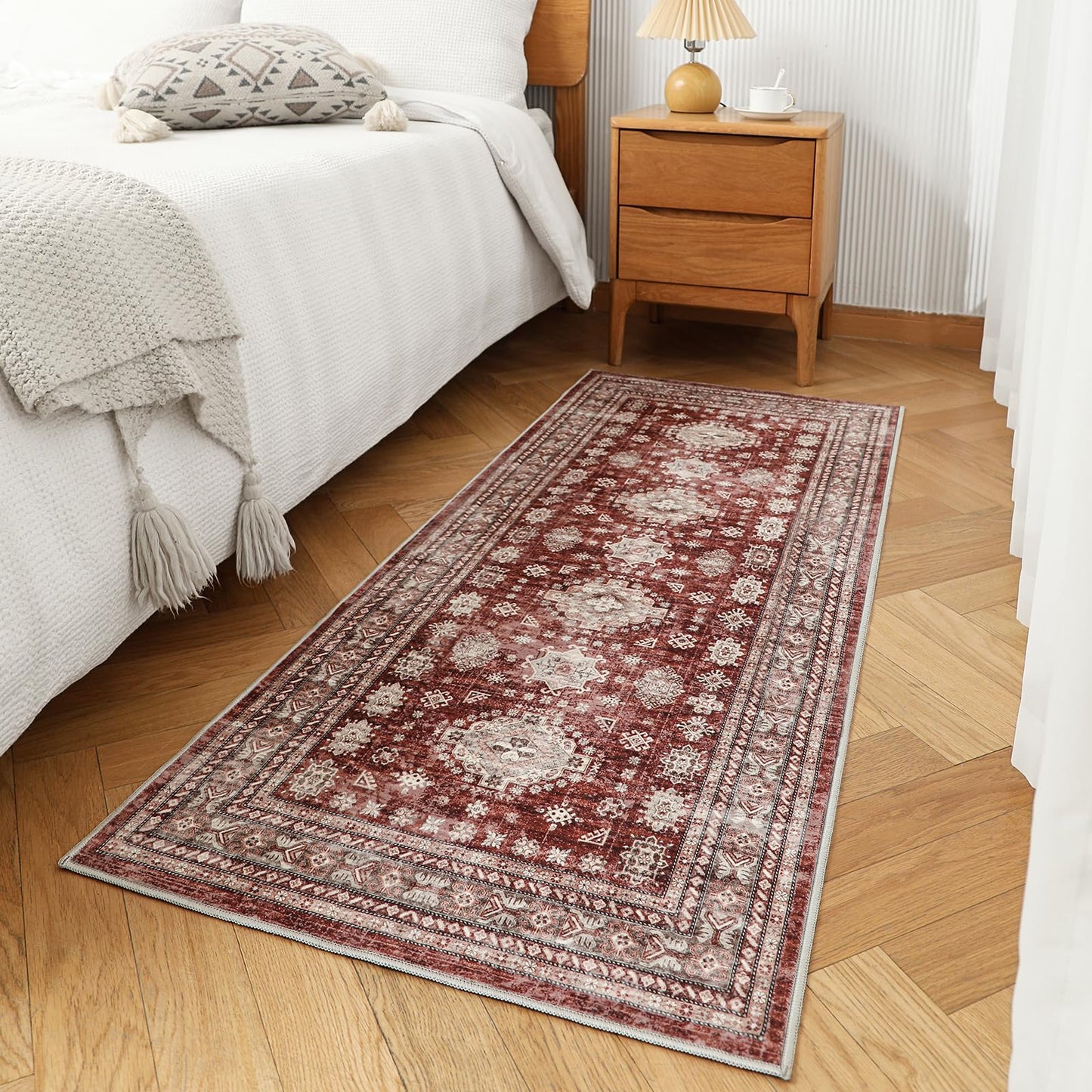 Nestiva 2x6 Runner Rug Non Slip Washable Carpet with Rubber Backing Soft Floral Boho Runner for Hallways, Kitchen, Laundry, Bedroom, Burgundy