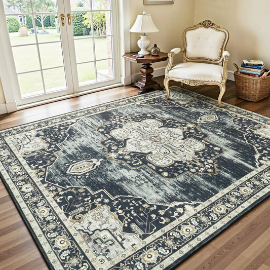 Lofus 5x7 Washable Rugs Non-Slip, Vintage Floral Area Rug for Living Room Bedroom Dining Room Kitchen, Low Pile Distress Print Medallion Carpet Home Decor Rug, Black Beige