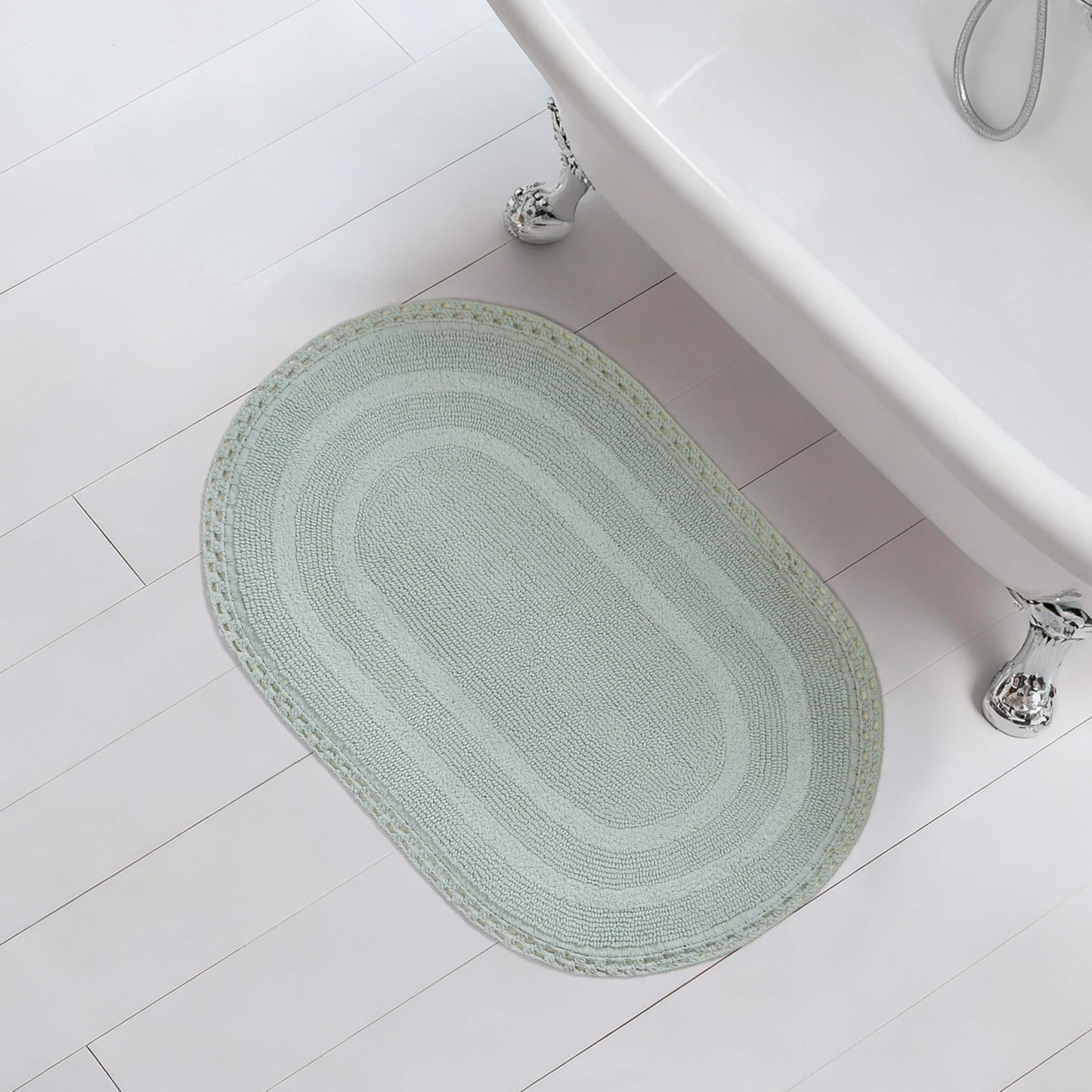 Laura Ashley Camilla 100% Cotton Oval Bath Mat with Crochet Border, Soft & Absorbent, Light Green 21" x 34" Bathroom Rug