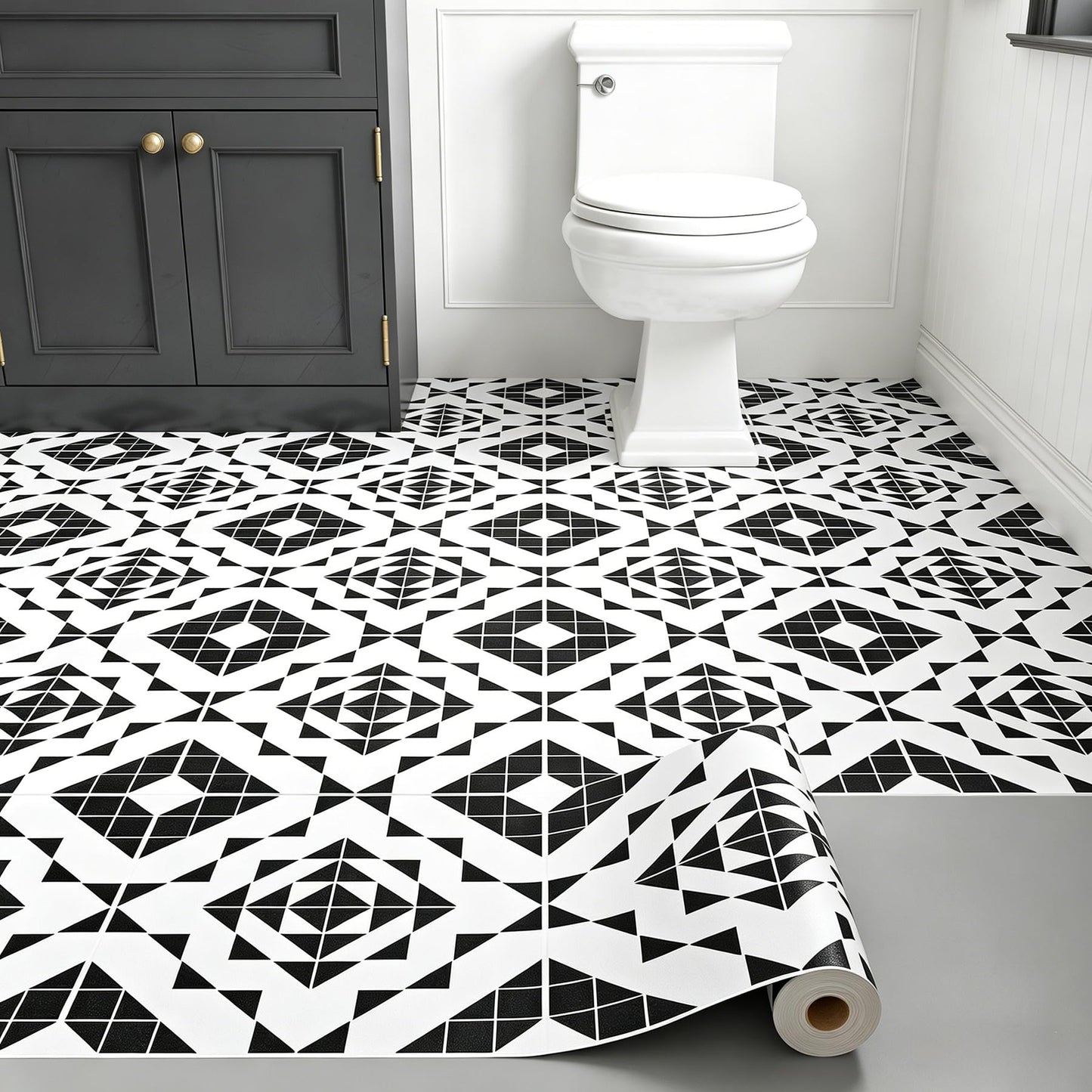 LaCheery 12x177 Vinyl Flooring Roll Waterproof Black and White Floor Tiles Peel and Stick Waterproof Bathroom Floor Tile Peel and Stick Flooring Tiles Renter Friendly Tile Stickers for Kitchen Garage