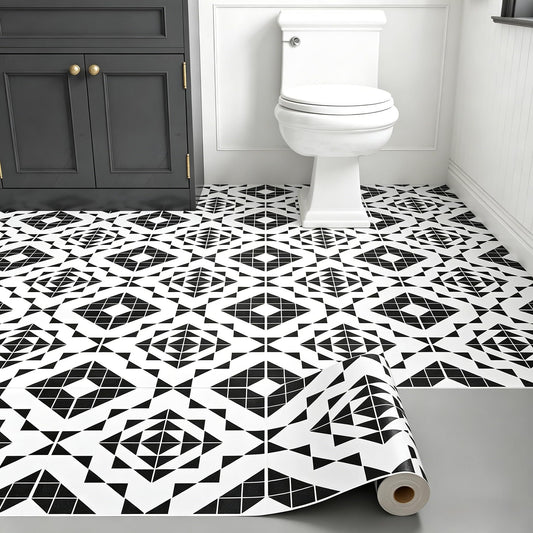 LaCheery Black and White Peel and Stick Floor Tile Bathroom Black and White Geometric Peel and Stick Floor Tiles Waterproof Laminate Linoleum Vinyl Sheet Flooring Roll for Kitchen Flooring PVC 12"x47"
