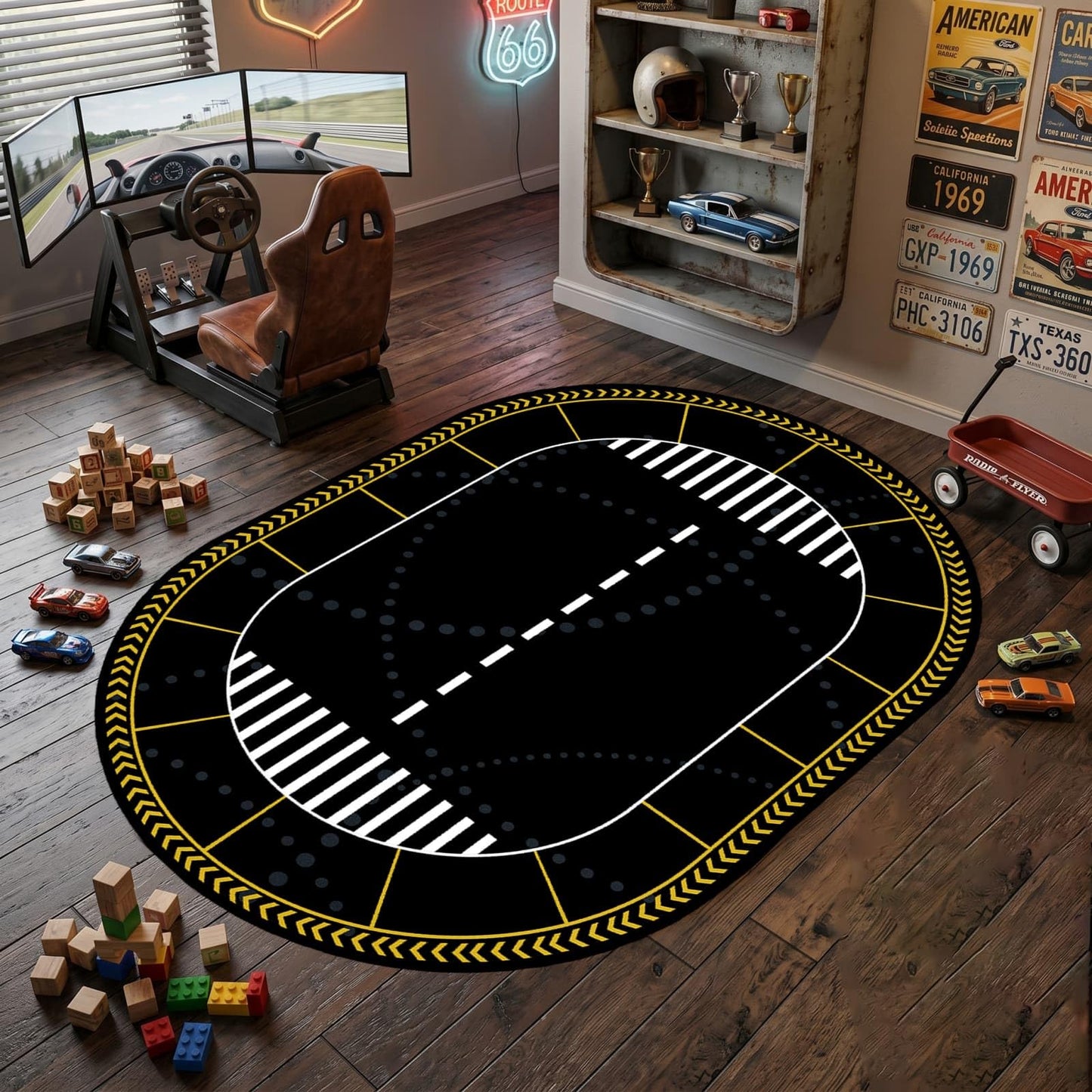 ZLXMN Washable Oval Race Track Rug for Kids Room, 3x4ft, Non-Slip Low Pile Car Road Play Mat for Boys Bedroom, Pet-Friendly Playroom Floor Carpet Decor Indoor Area Rugs