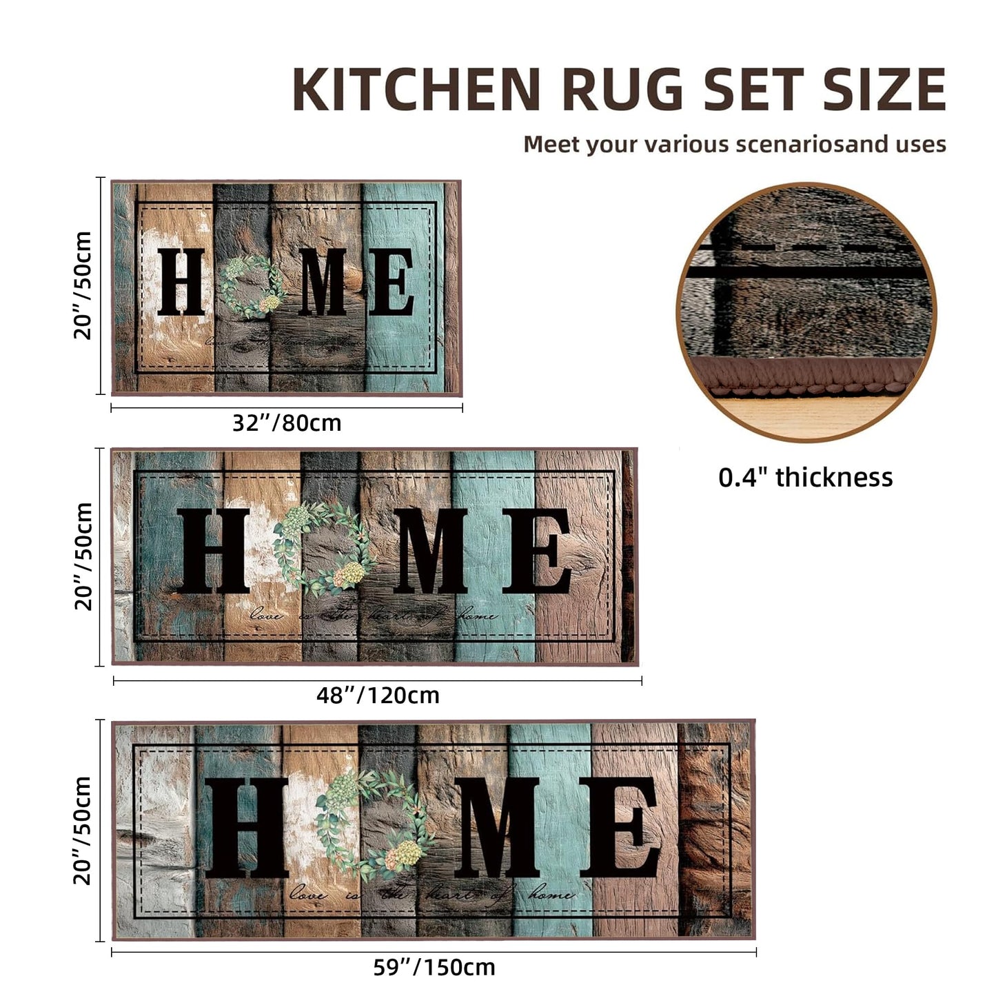 Tritard 100% Non Slip Kitchen Rugs Sets of 3 Farmhouse Washable Kitchen Mats for Floor Non-Skid Kitchen Runner Rug Soft Rustic Kitchen Floor Carpet for Hallway, Laundry, Sink, Office, Rustic