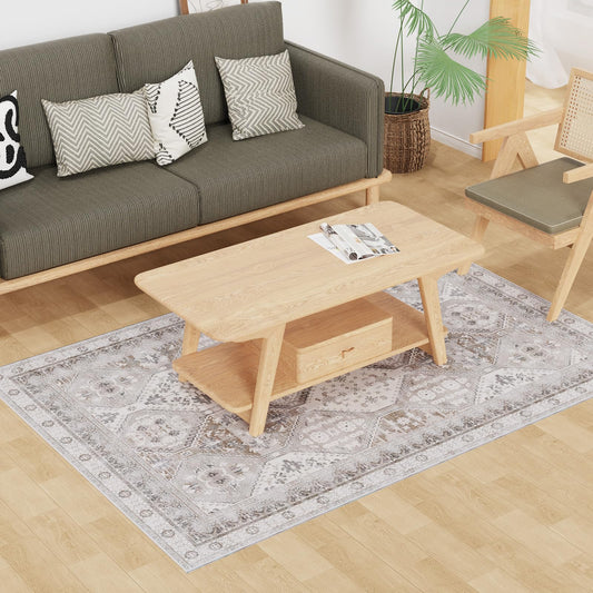 Floor Mat for Home 4×6ft, Easy Clean Plastic Rug-Like Pattern Area Mat for Living Room, Waterproof Vinyl Area Rug for Under Kitchen Table, No Slip Soft Vintage Rug for High Traffic Area (White)