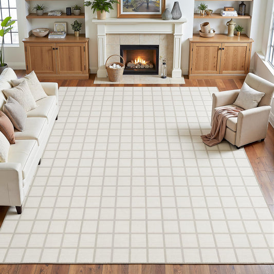 Tribesigns 8x10 Washable Area Rug, Soft Cream Modern Plaid Geometric Bedroom Rug, Non-Slip Low Pile Indoor Carpet for Living Room, Dining Room, Dorm, Office & Playroom, Oeko-TEX Certified