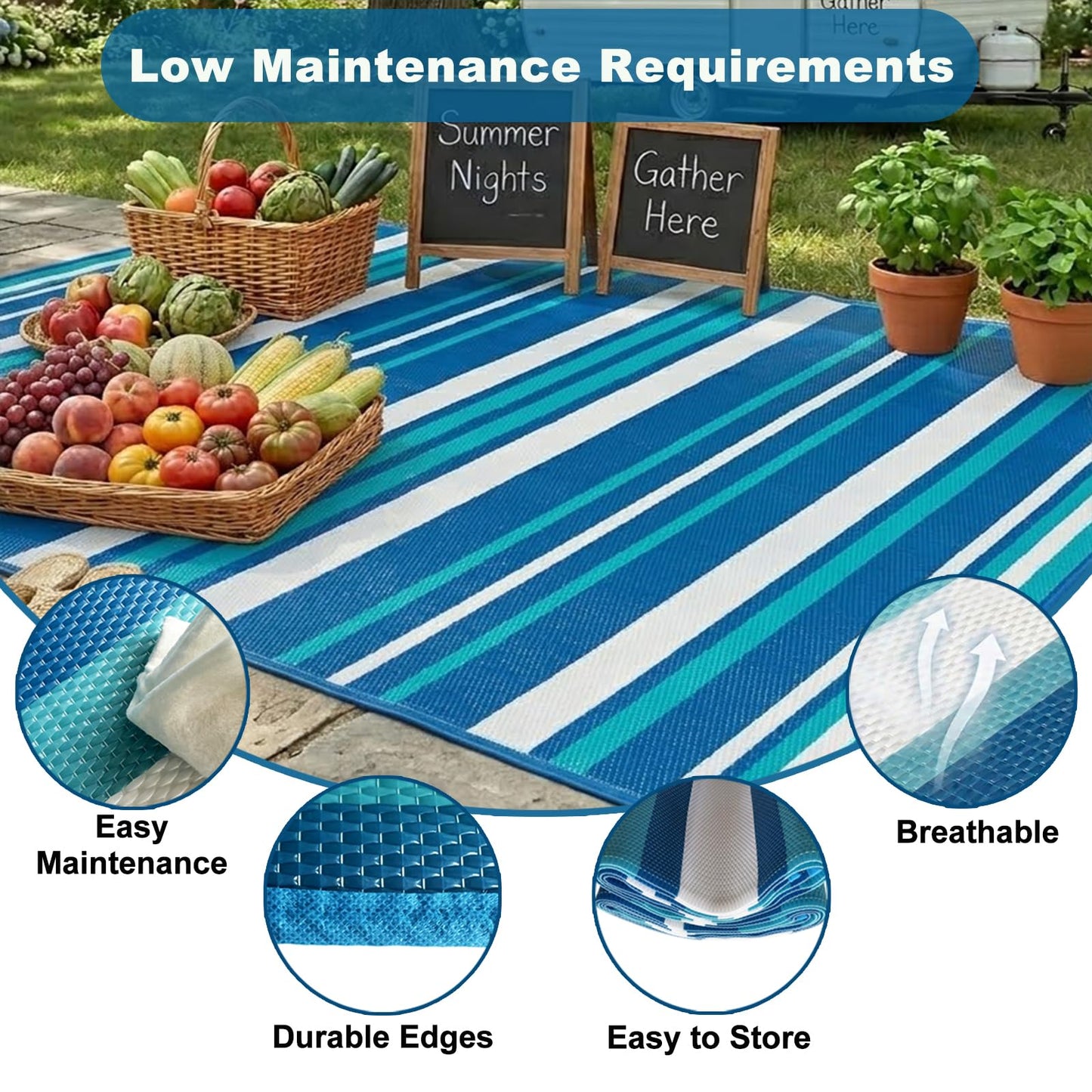 LANVIA Outdoor Rug Camping Essentials - 4x6 FT Outdoor Plastic Straw Rug for Patio Clearance, Waterproof RV Essentials Outside Area Rug for Deck Garden, Backyard Patio Furniture Set, Blue White