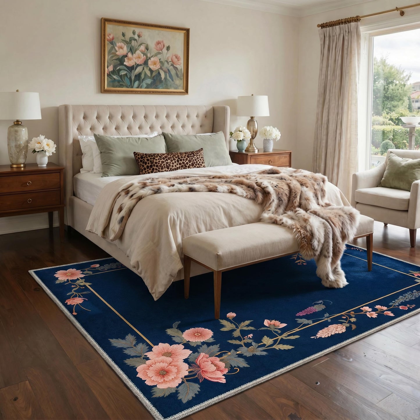 GENIMO 8X10 Area Rugs for Living Room, Machine Washable Non Slip Stain Resistant Low Pile Rug, Floral Border Soft Rugs for Bedroom, Dining Room, Home Office, MidnightBlue