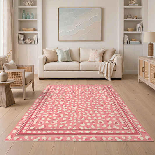 ODIKA 5'x7' Washable Area Rug Print Spotted Leopard Inspired Border Abstract Motif Pink Cheetah Refined for Dining Room, Under Table, Home Office, Non-Slip Chair-Friendly