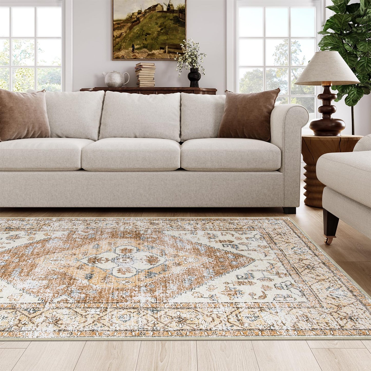 Lahome 5x7 Boho Machine Washable Area Rug Non-Slip Lightweight Low-Pile Oriental Distressed Print for Living,Bedroom,Office Adelyn